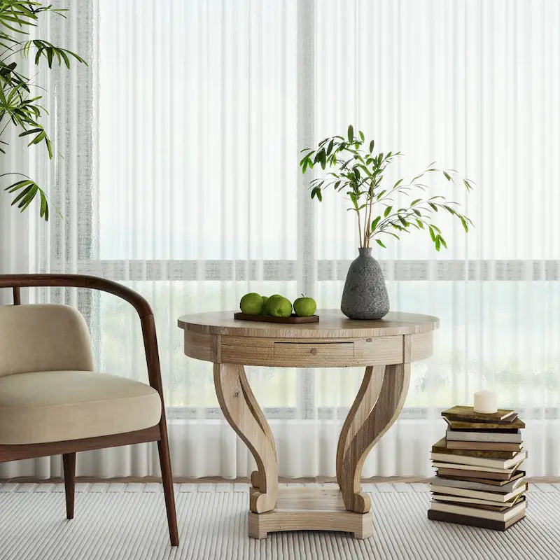Table d'appoint ronde en bois naturel avec tiroirs, pieds courbés, 1 personne