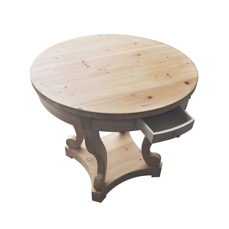 Table d'appoint ronde en bois naturel avec tiroirs, pieds courbés, 1 personne