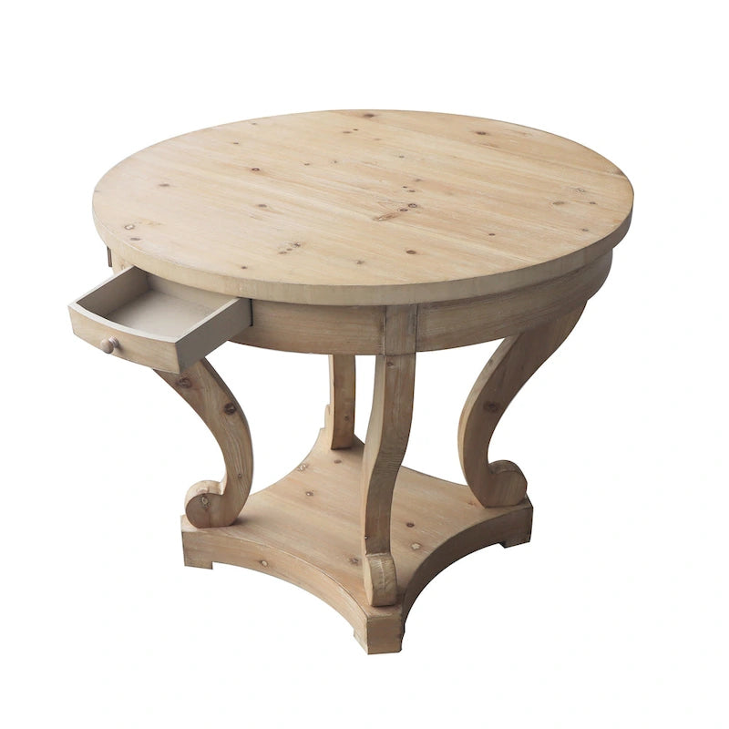 Table d'appoint ronde en bois naturel avec tiroirs, pieds courbés, 1 personne