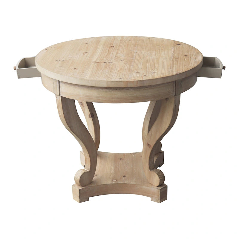 Table d'appoint ronde en bois naturel avec tiroirs, pieds courbés, 1 personne