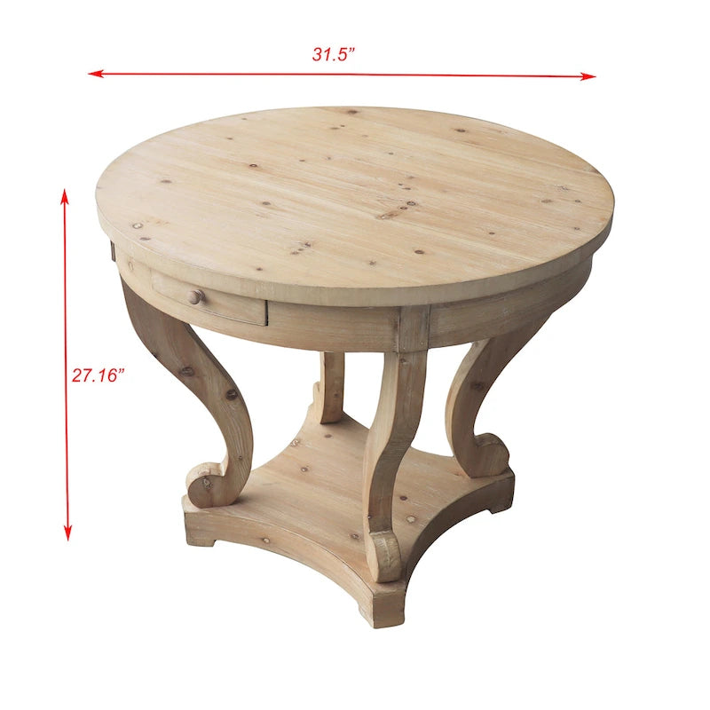 Table d'appoint ronde en bois naturel avec tiroirs, pieds courbés, 1 personne