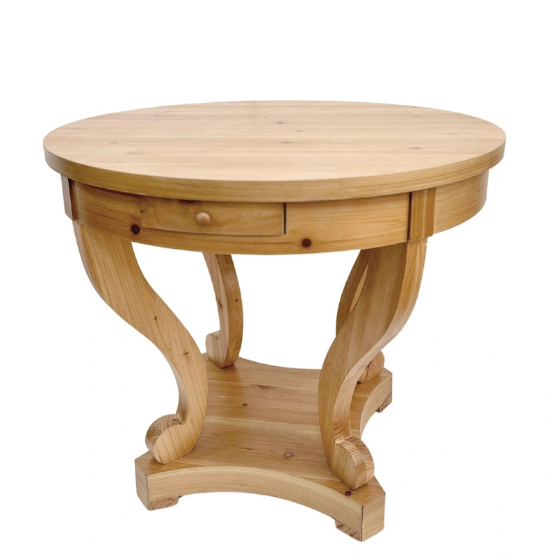 Table d'appoint ronde en bois naturel avec tiroirs, pieds courbés, 1 personne