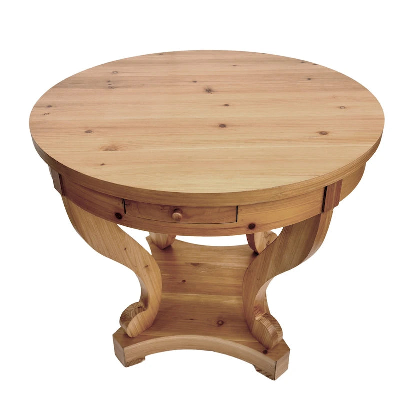 Table d'appoint ronde en bois naturel avec tiroirs, pieds courbés, 1 personne