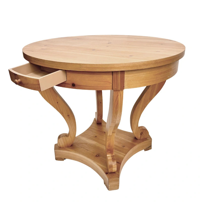 Table d'appoint ronde en bois naturel avec tiroirs, pieds courbés, 1 personne
