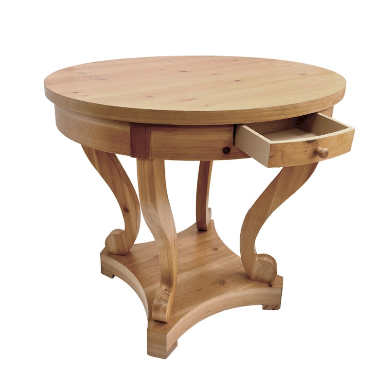 Table d'appoint ronde en bois naturel avec tiroirs, pieds courbés, 1 personne