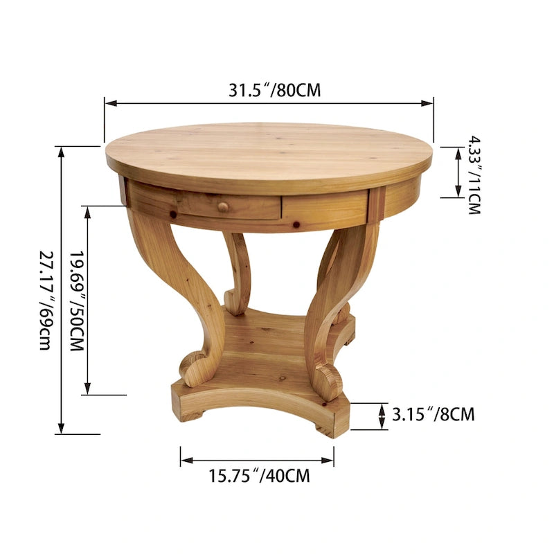 Table d'appoint ronde en bois naturel avec tiroirs, pieds courbés, 1 personne