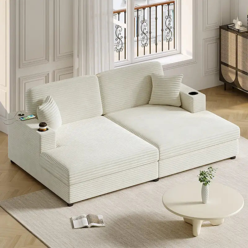 Roomfitters Oversized Loveseat Chaise Lounge Sectional Sofa Bed, Corduroy Sleeper with USB Ports, Cup Holders