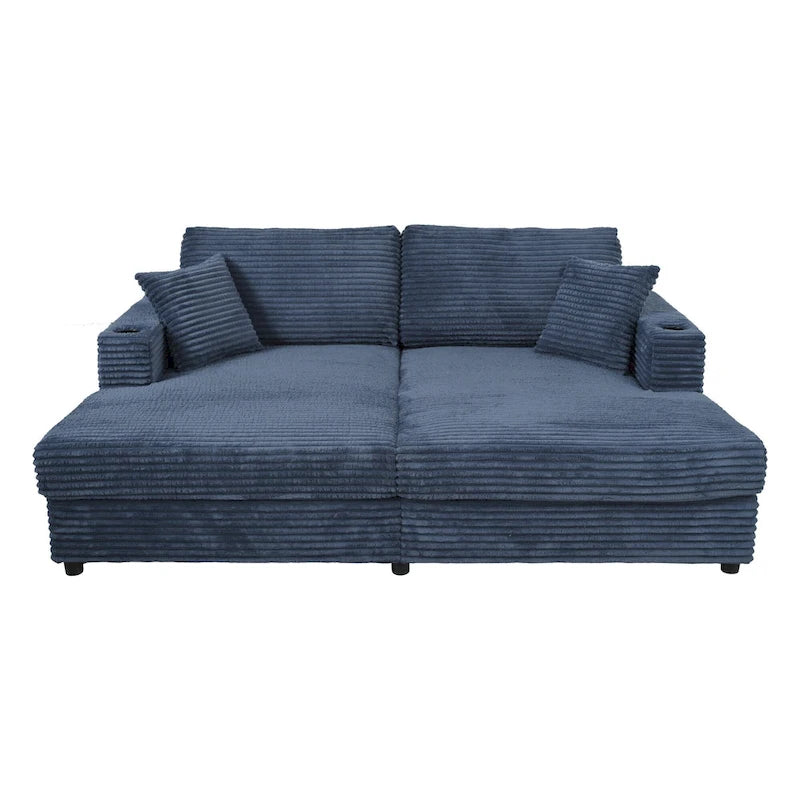 Canapé-lit méridienne en velours côtelé gris foncé / bleu / beige / noir, 2 places