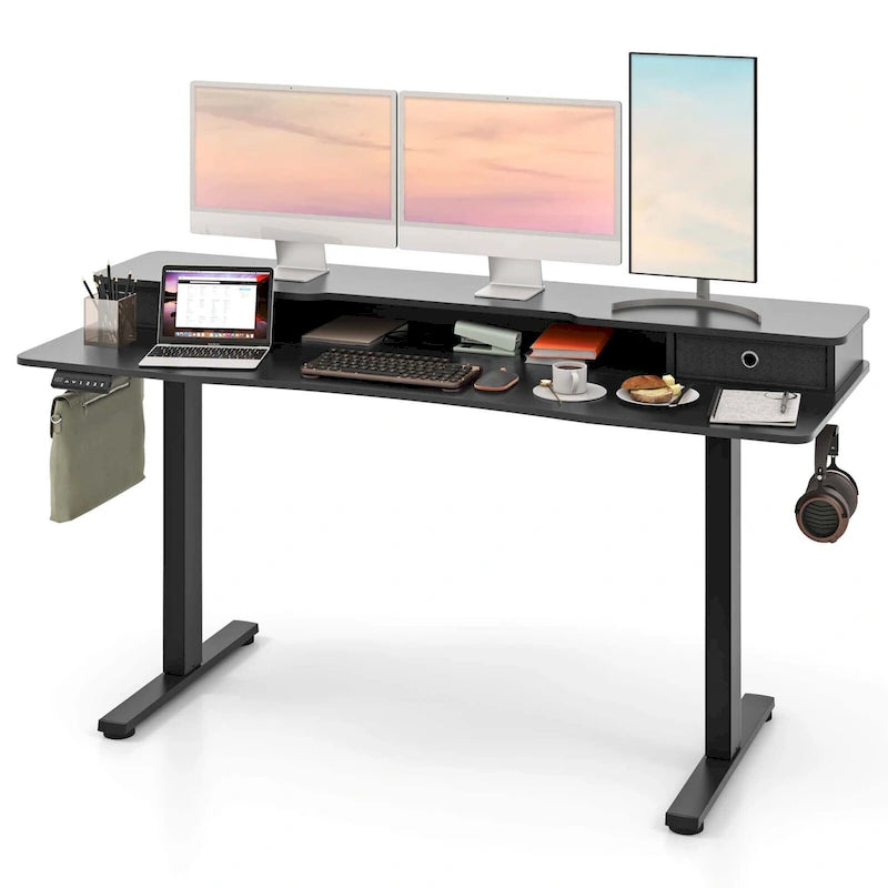 Bureau assis-debout électrique, réglable en hauteur, avec étagère de rangement, noir/blanc/brun (1 personne)