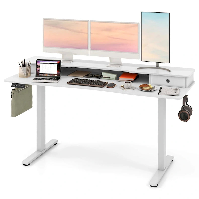 Bureau assis-debout électrique, réglable en hauteur, avec étagère de rangement, noir/blanc/brun (1 personne)