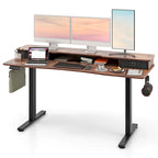 Bureau assis-debout électrique, réglable en hauteur, avec étagère de rangement, noir/blanc/brun (1 personne)