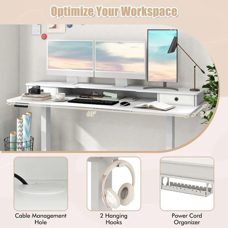 Bureau assis-debout électrique, réglable en hauteur, avec étagère de rangement, noir/blanc/brun (1 personne)