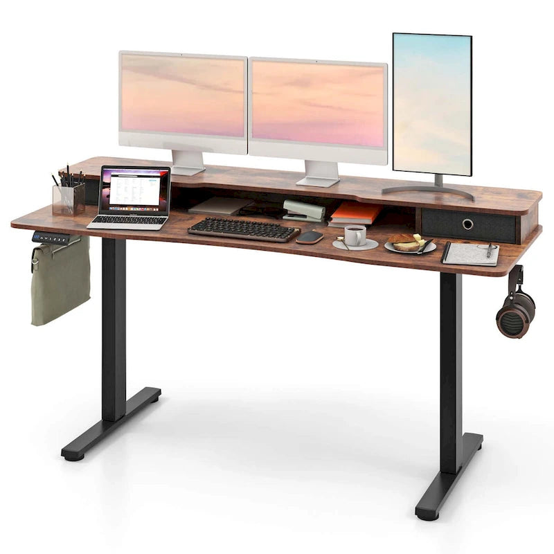 Bureau assis-debout électrique, réglable en hauteur, avec étagère de rangement, noir/blanc/brun (1 personne)