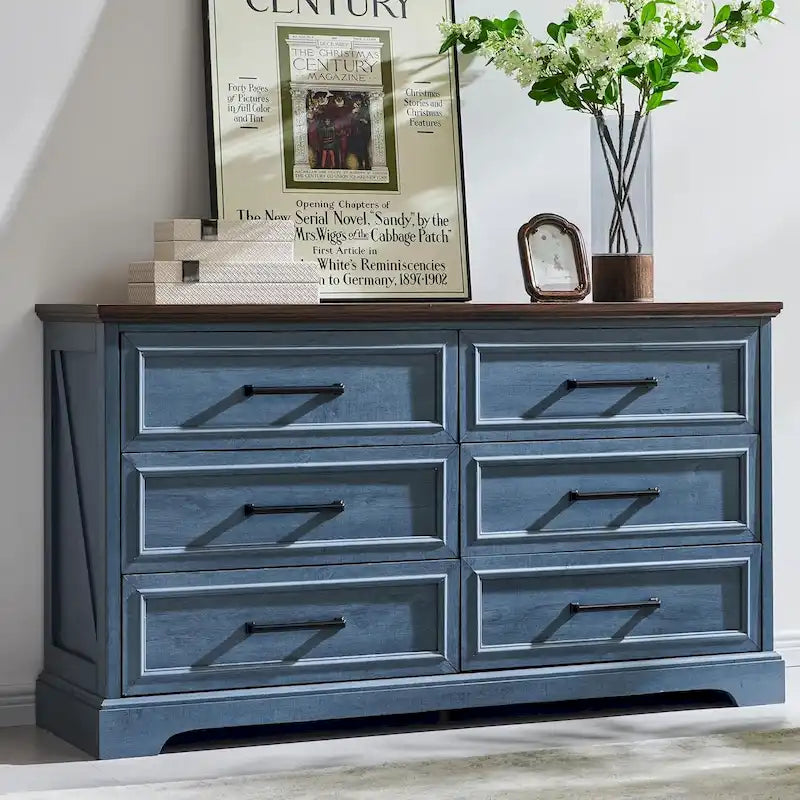 Commode à 6 tiroirs de style rustique – Noir / Bleu / Blanc / Gris / Marron