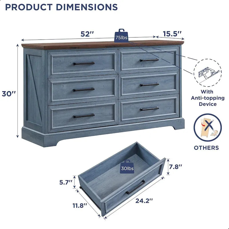 Commode à 6 tiroirs de style rustique – Noir / Bleu / Blanc / Gris / Marron