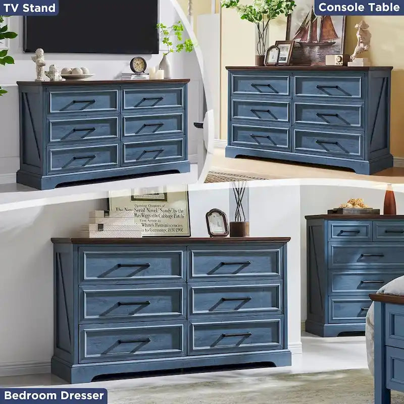 Commode à 6 tiroirs de style rustique – Noir / Bleu / Blanc / Gris / Marron