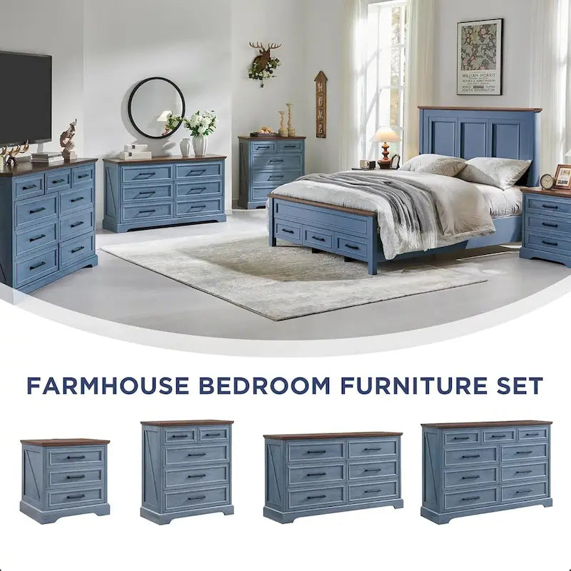 Commode à 6 tiroirs de style rustique – Noir / Bleu / Blanc / Gris / Marron