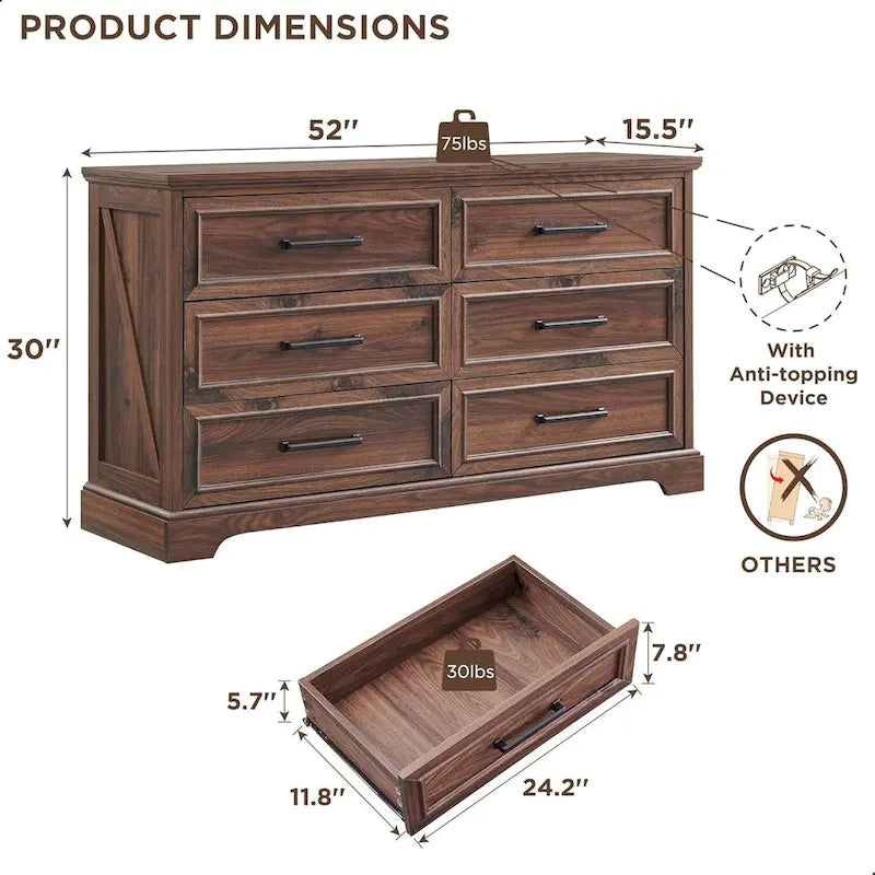 Commode à 6 tiroirs de style rustique – Noir / Bleu / Blanc / Gris / Marron