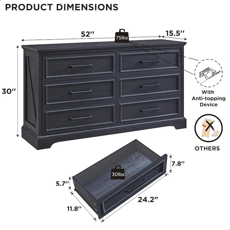 Commode à 6 tiroirs de style rustique – Noir / Bleu / Blanc / Gris / Marron