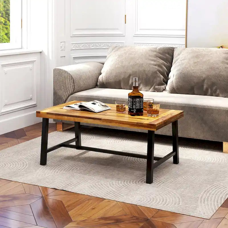 Gymax Table Basse en Bois d'Acacia Rectangulaire d'Intérieur et d'Extérieur