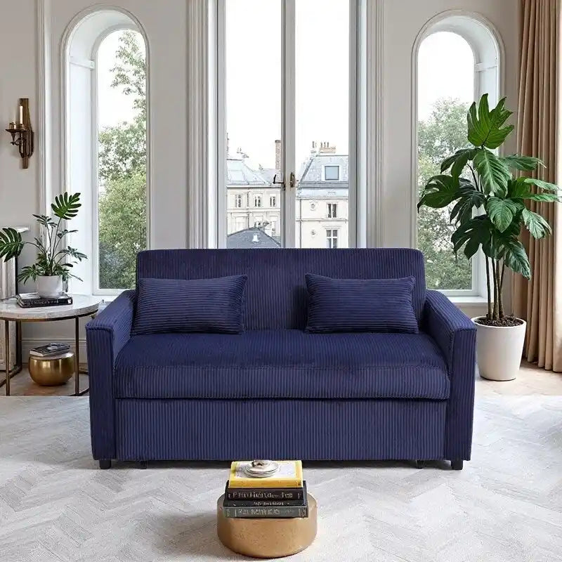 Canapé convertible bleu en velours côtelé, causeuse 3-en-1 pour 2, dossier réglable