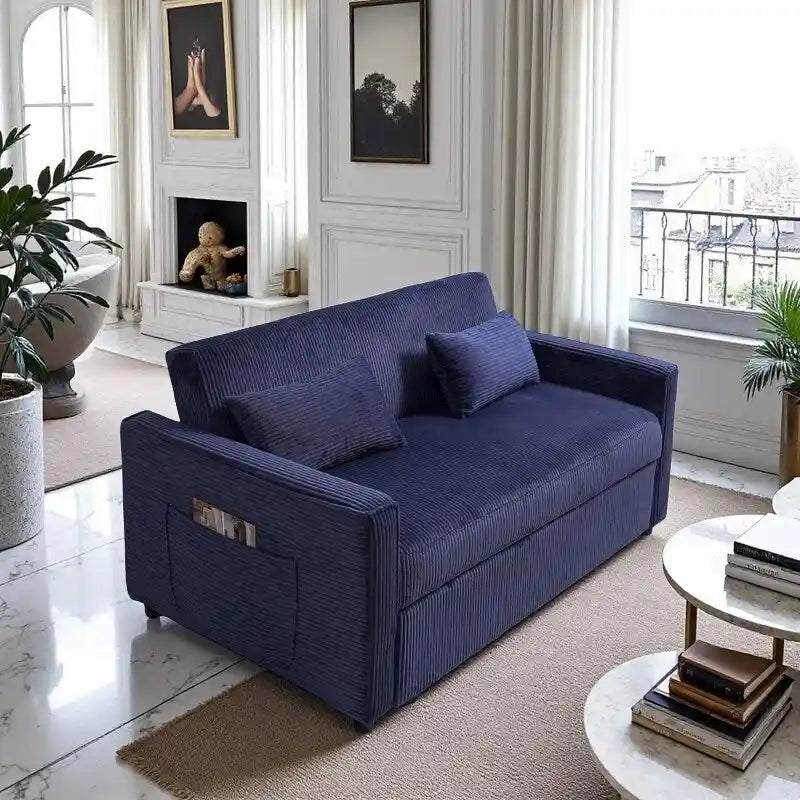 Canapé convertible bleu en velours côtelé, causeuse 3-en-1 pour 2, dossier réglable