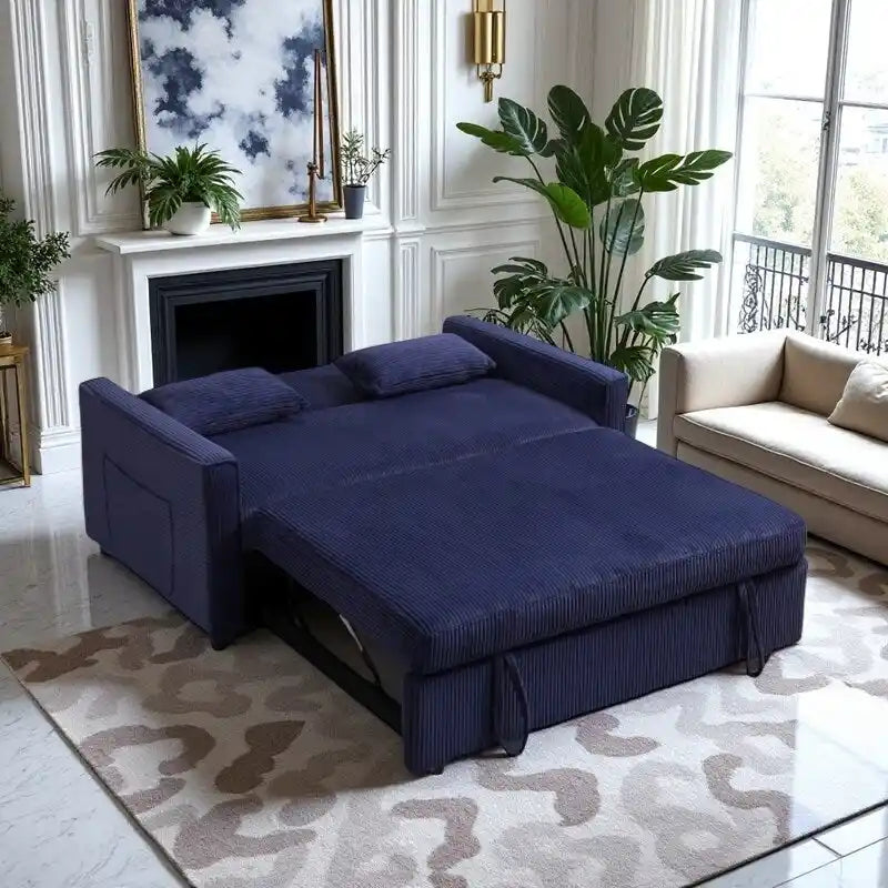 Canapé convertible bleu en velours côtelé, causeuse 3-en-1 pour 2, dossier réglable
