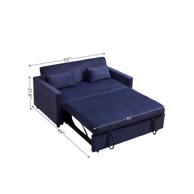 Canapé convertible bleu en velours côtelé, causeuse 3-en-1 pour 2, dossier réglable