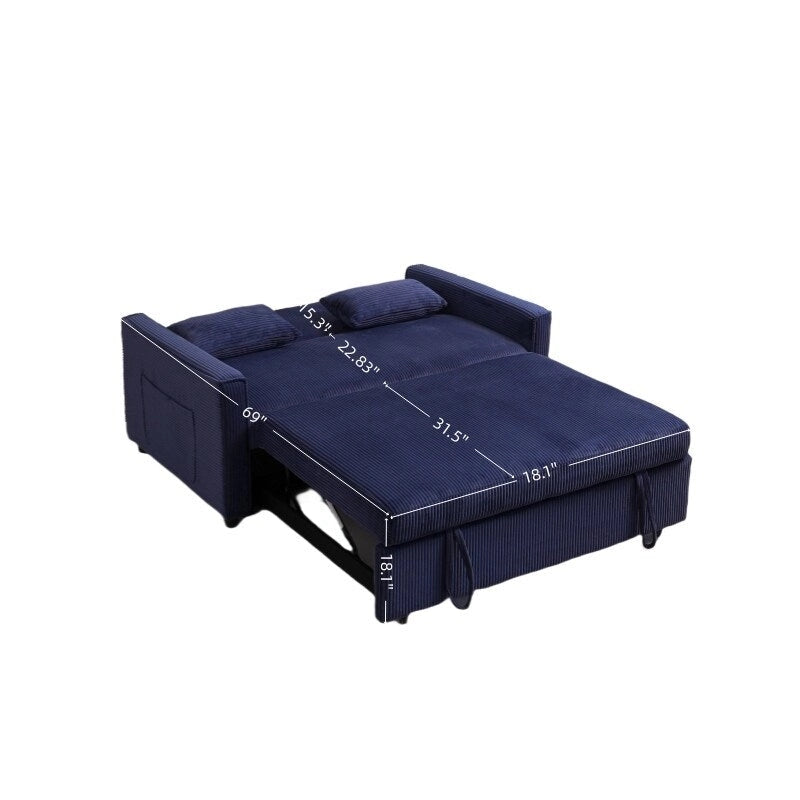 Canapé convertible bleu en velours côtelé, causeuse 3-en-1 pour 2, dossier réglable