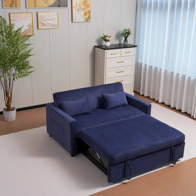 Canapé convertible bleu en velours côtelé, causeuse 3-en-1 pour 2, dossier réglable