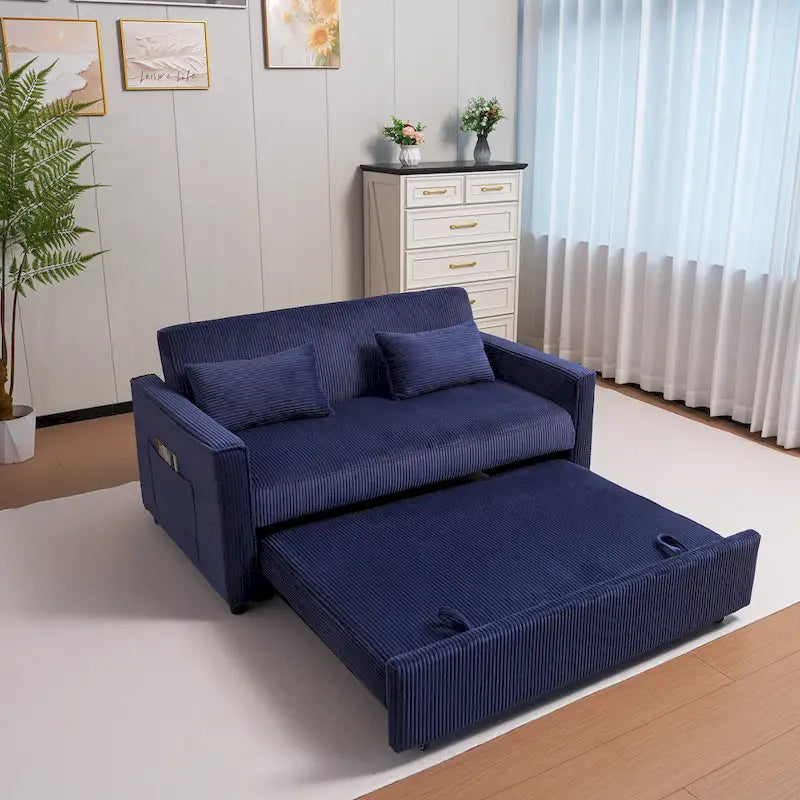 Canapé convertible bleu en velours côtelé, causeuse 3-en-1 pour 2, dossier réglable