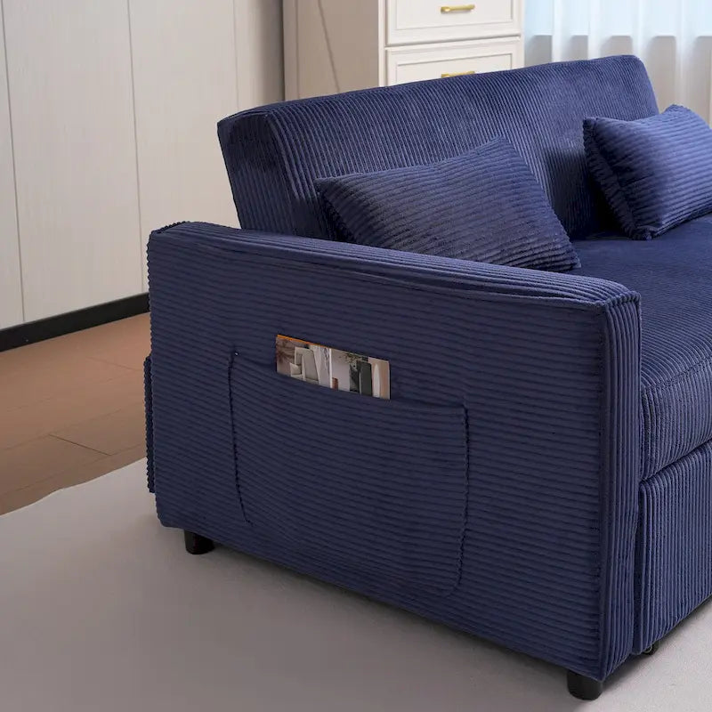 Canapé convertible bleu en velours côtelé, causeuse 3-en-1 pour 2, dossier réglable