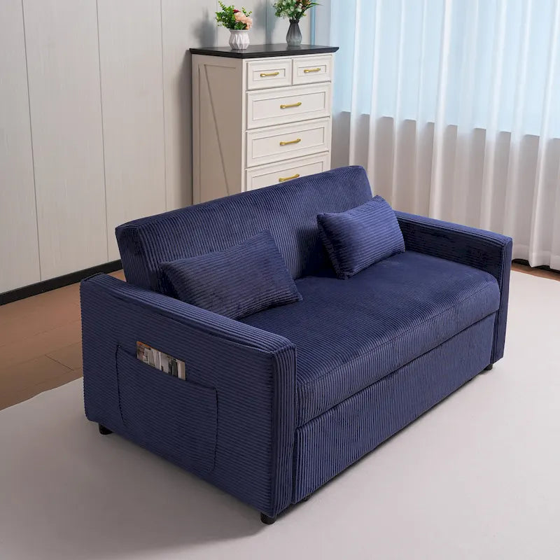 Canapé convertible bleu en velours côtelé, causeuse 3-en-1 pour 2, dossier réglable