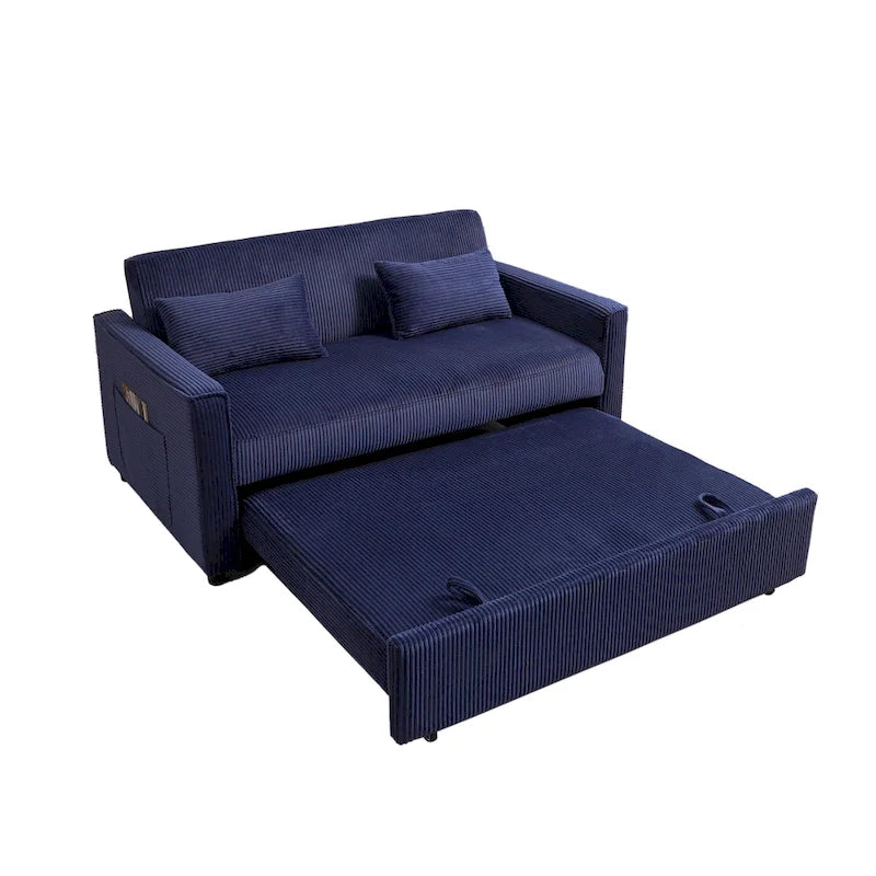 Canapé convertible bleu en velours côtelé, causeuse 3-en-1 pour 2, dossier réglable