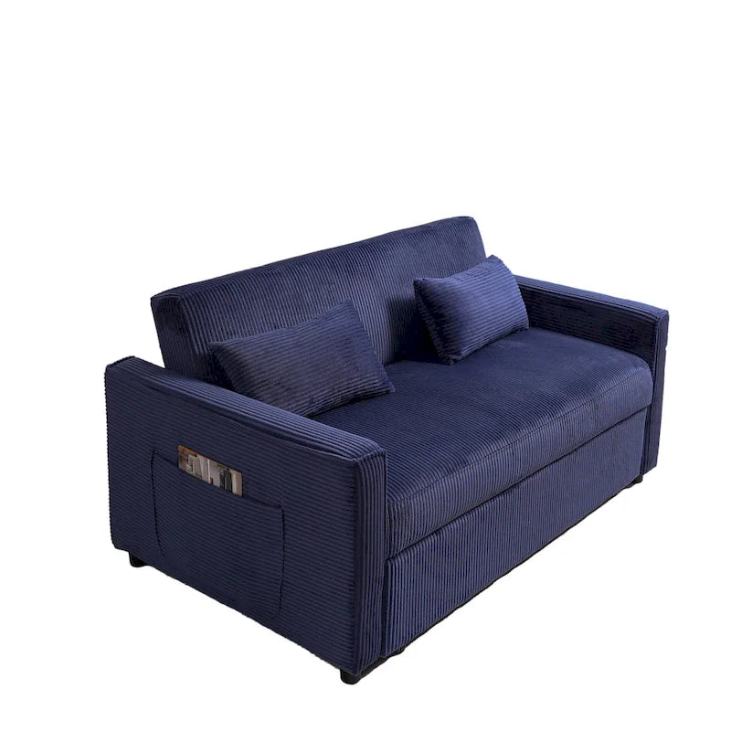 Canapé convertible bleu en velours côtelé, causeuse 3-en-1 pour 2, dossier réglable