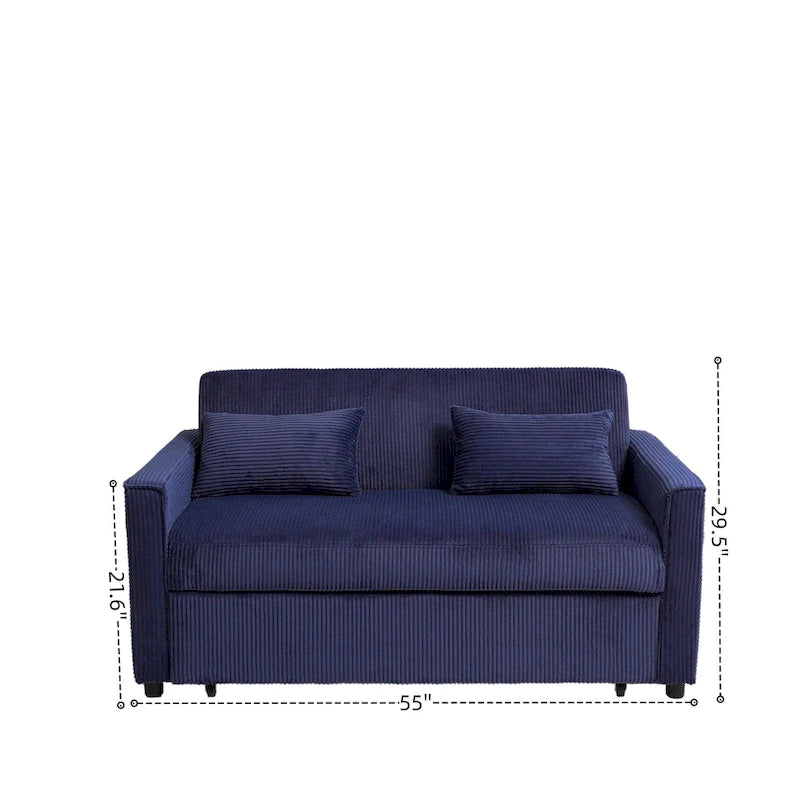 Canapé convertible bleu en velours côtelé, causeuse 3-en-1 pour 2, dossier réglable