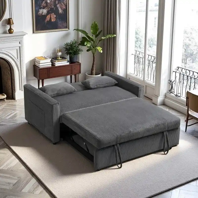 Canapé convertible bleu en velours côtelé, causeuse 3-en-1 pour 2, dossier réglable