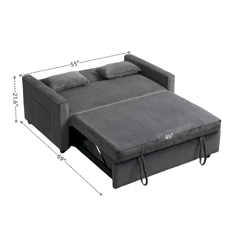 Canapé convertible bleu en velours côtelé, causeuse 3-en-1 pour 2, dossier réglable