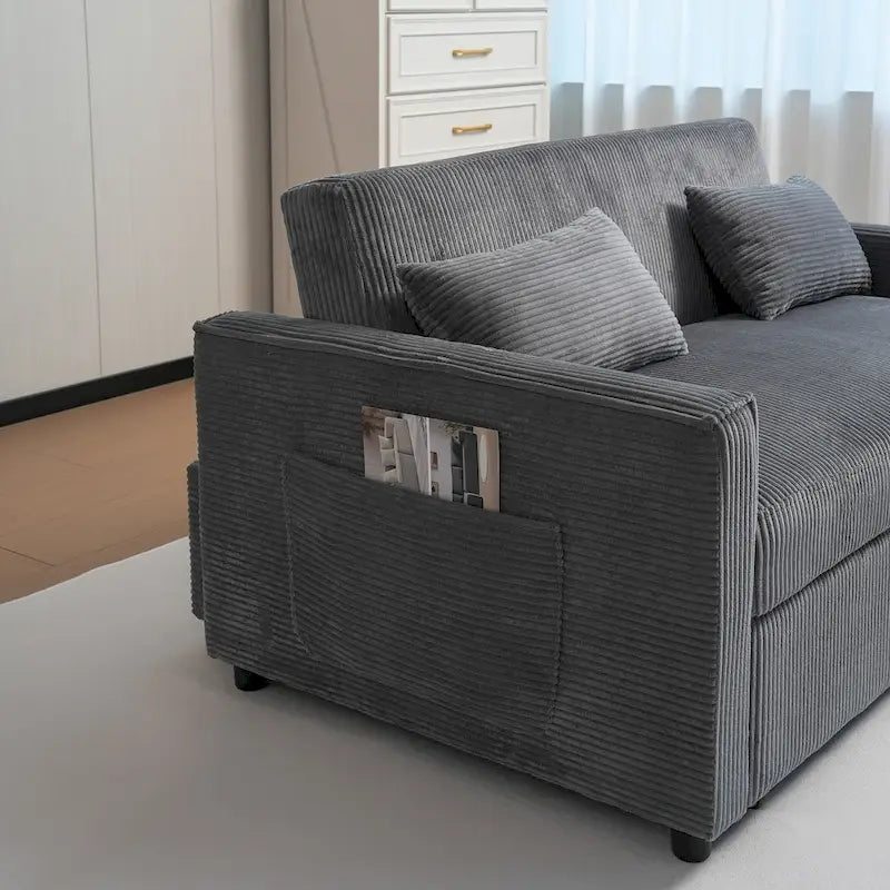 Canapé convertible bleu en velours côtelé, causeuse 3-en-1 pour 2, dossier réglable