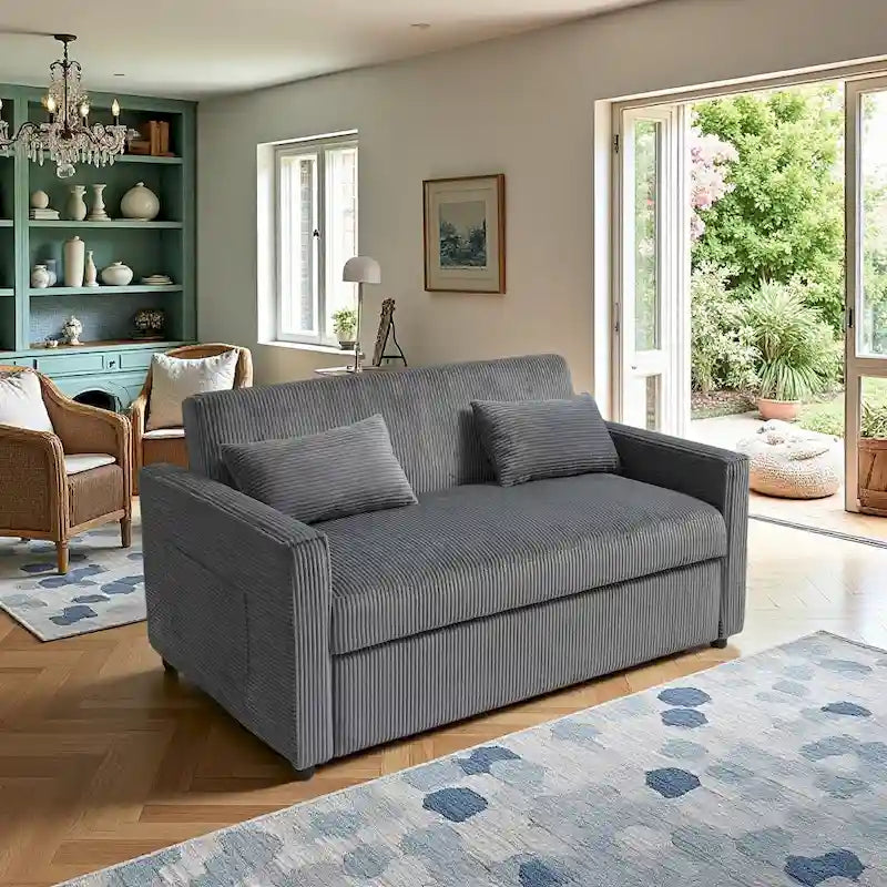 Canapé convertible bleu en velours côtelé, causeuse 3-en-1 pour 2, dossier réglable