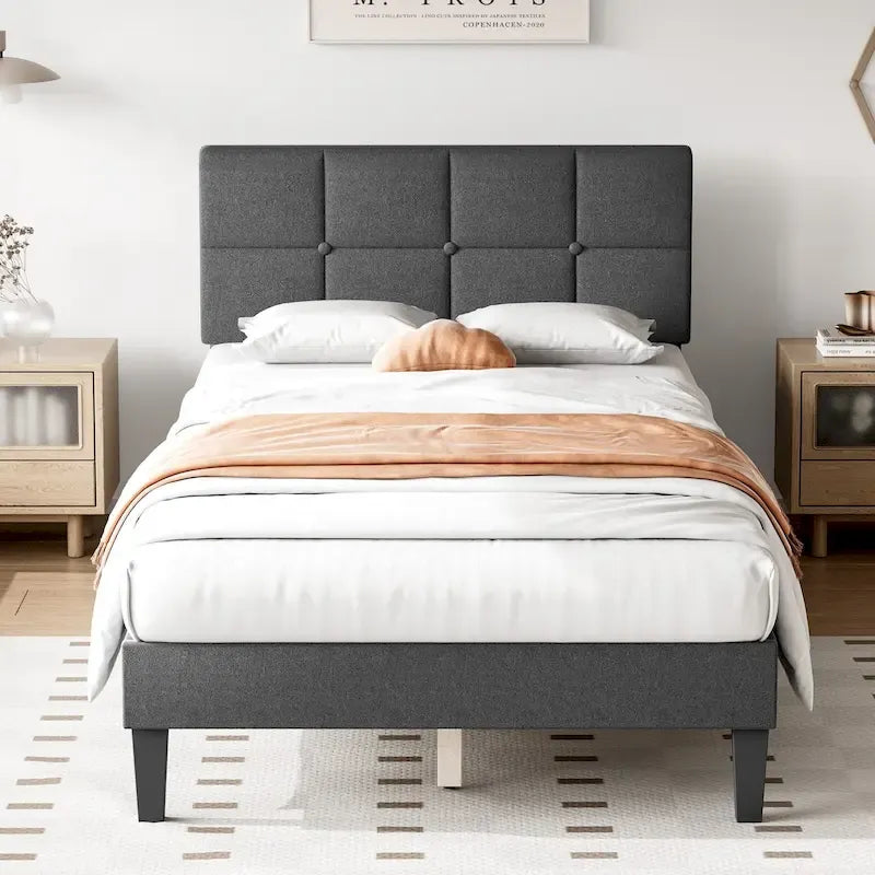 Lit plateforme en lin gris foncé Queen avec tête de lit réglable