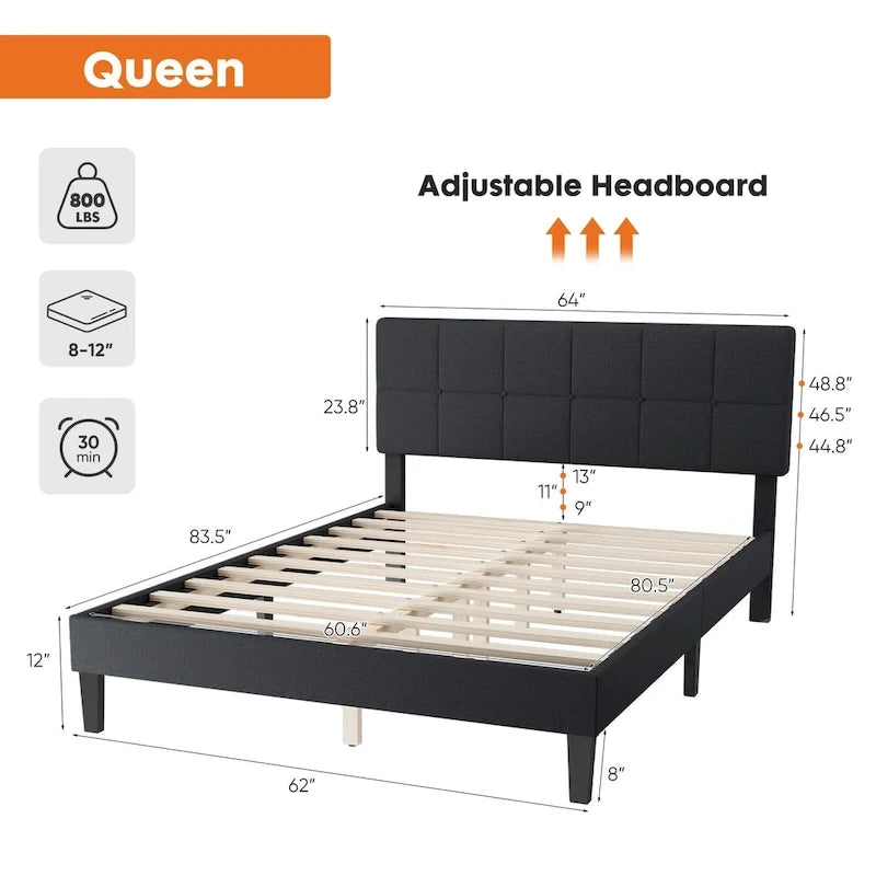 Lit plateforme en lin gris foncé Queen avec tête de lit réglable