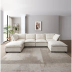 Canapé modulable 6 places en U beige avec pouf convertible