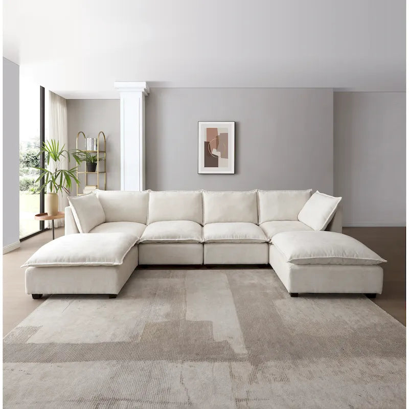 Canapé modulable 6 places en U beige avec pouf convertible