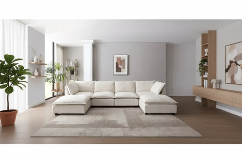 Beige 130 U-Shaped Customizable 6-Seat Modular Sectional Sofa with Convertible Ottoman and Versatile Assembly Options