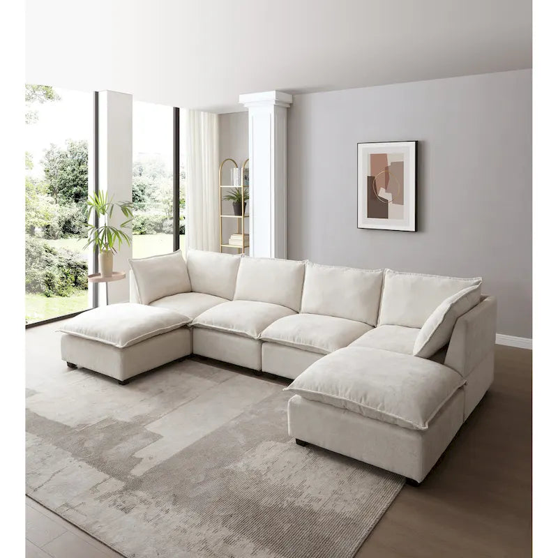 Canapé modulable 6 places en U beige avec pouf convertible