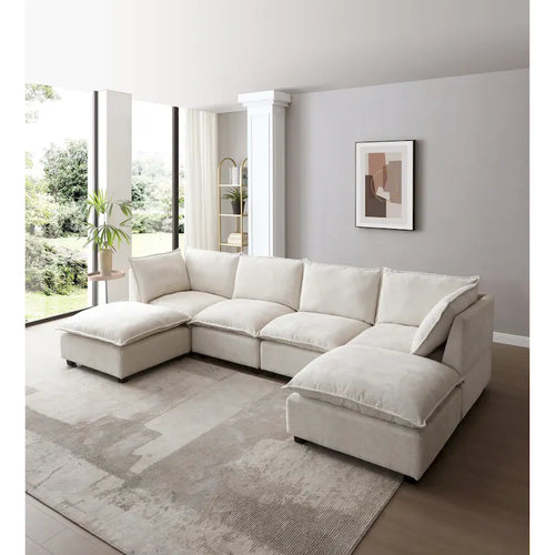 Canapé modulable 6 places en U beige avec pouf convertible