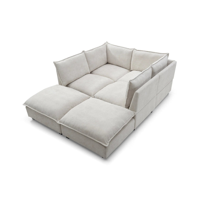 Canapé modulable 6 places en U beige avec pouf convertible
