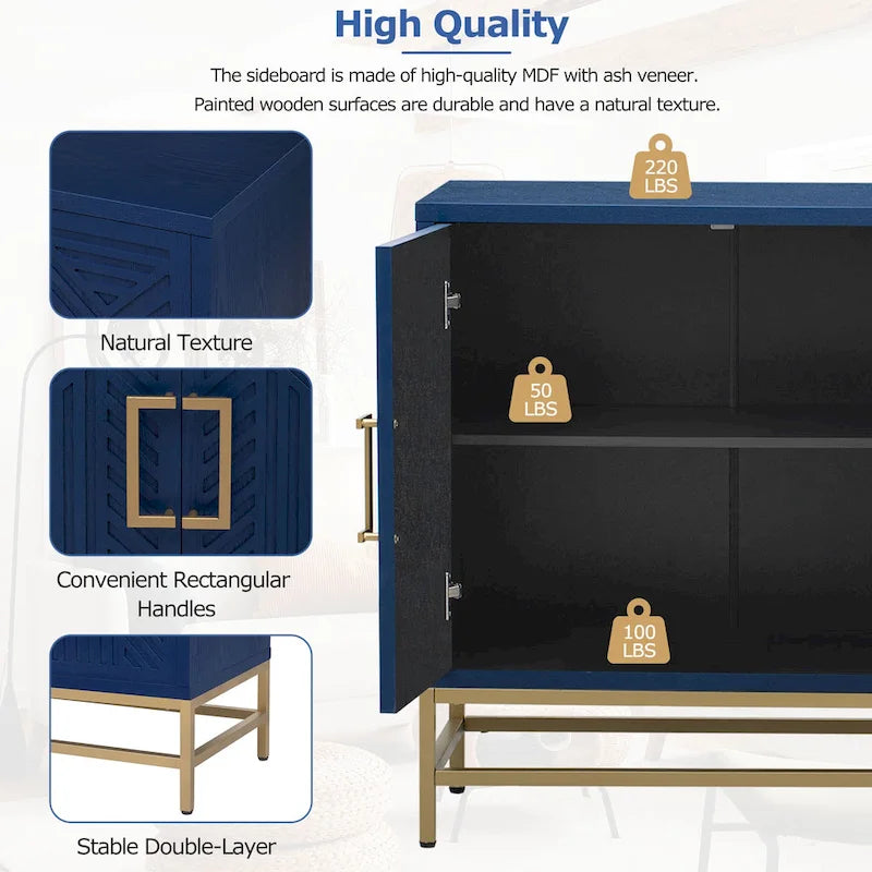 Buffet rétro bleu marine / noir / expresso – Placage en frêne, pieds en métal, assemblage 1 à 2 personnes