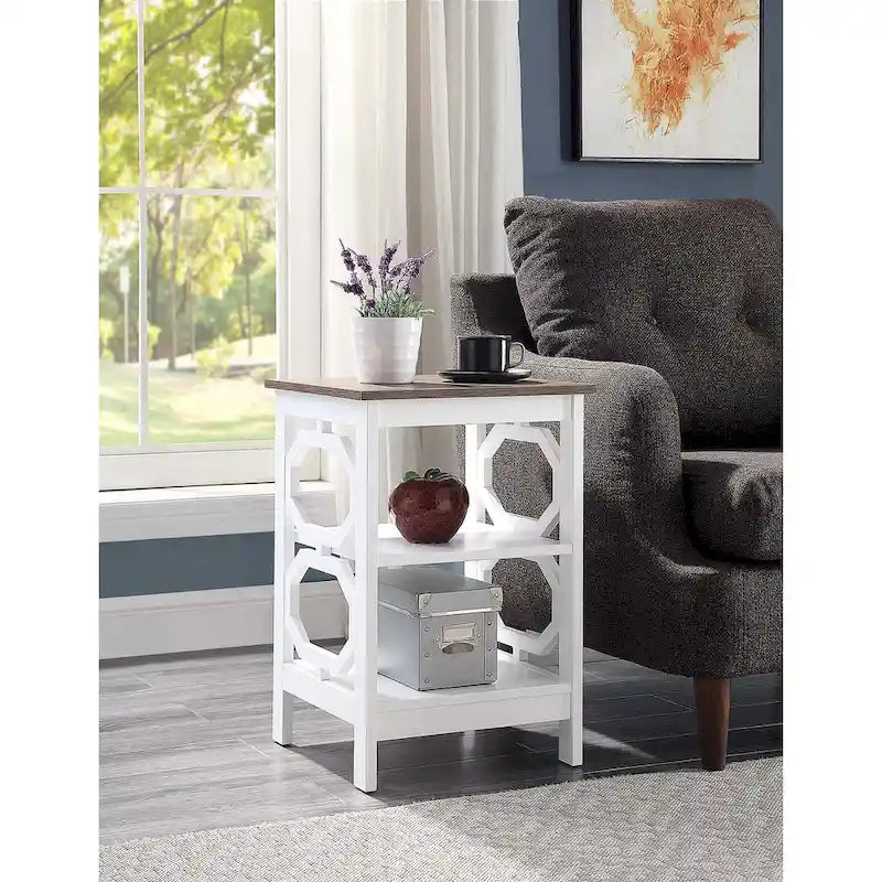 Table d'appoint blanche contemporaine à 3 niveaux avec découpes octogonales